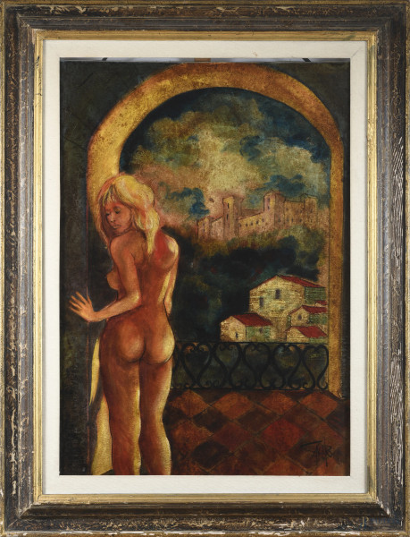 Nudo di donna alla finestra, XX secolo, olio su tela, cm 100x70, firmato in basso a destra, entro cornice
