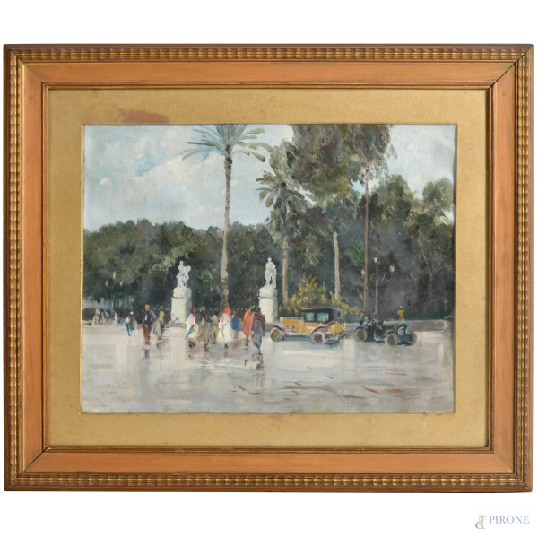 Piazza con macchine e figure, XX secolo, olio su tela applicata su cartone, cm 44x54, firmato in basso a sinistra, entro cornice, (ondulazioni della tela)