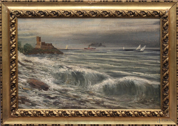 Scorcio di mare in tempesta, olio su tela riportato su cartone, 30x45 cm, firmato, entro cornice.