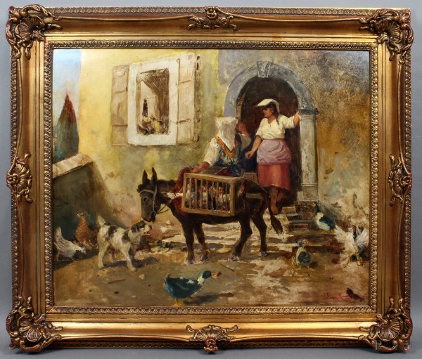 Venditrice di polli, olio su cartone, cm. 65x76, firmato Simoni, entro cornice.