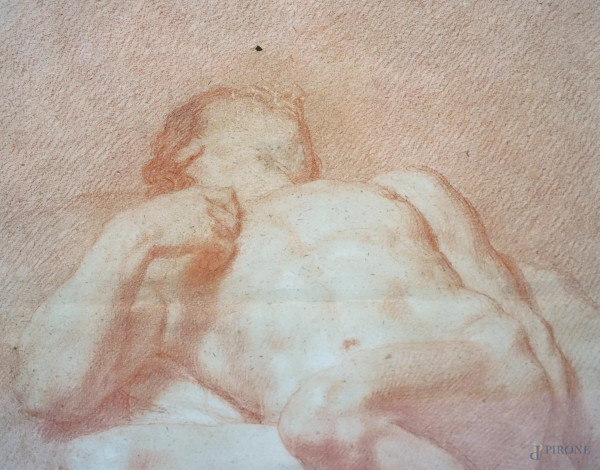 Nudo maschile disteso, sanguigna su carta filigranata, XVIII secolo, cm 47x38, entro cornice
