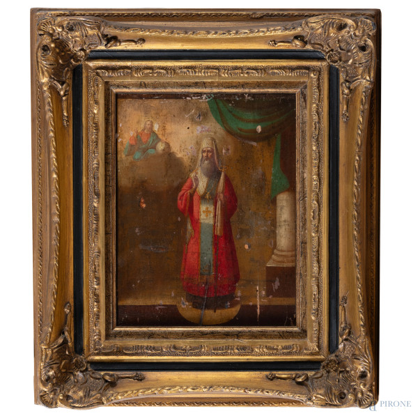 San Nicola, XIX secolo, olio su tavola, cm 22x17,5, (segni di usura, fessurazioni, cadute di colore, difetti)