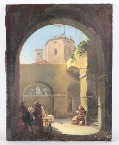 Monastero, XIX secolo, olio su tela, cm 40x30, (segni di usura, lacerazioni, abrasioni, cadute di colore, restauri, difetti)