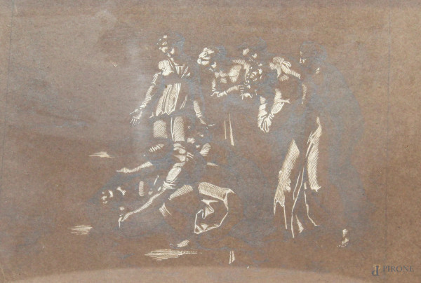 Figure, disegno a tecnica mista su carta, cm 17x29, entro cornice, XIX sec.
