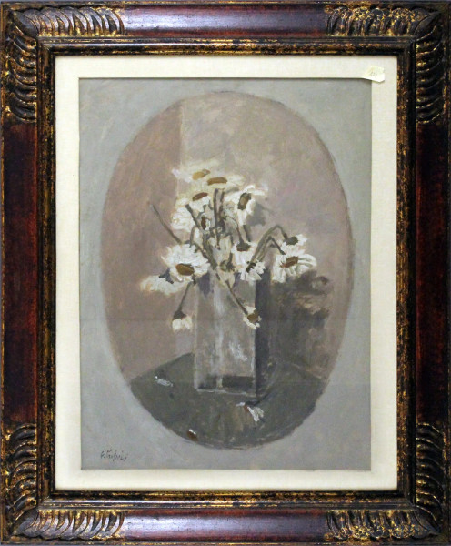Vaso con margherite, olio su cartone, cm. 70x50, firmato entro cornice.