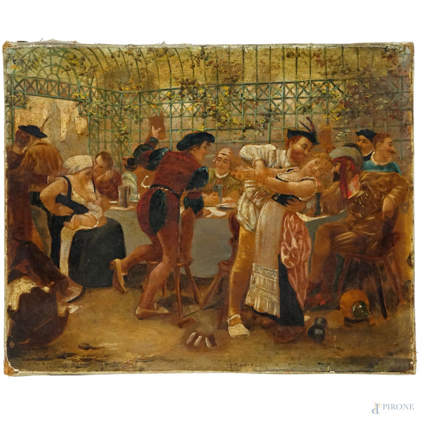 Festa campestre, olio su tela, cm 21,5x27, firmato in basso a sinistra, (lievi difetti).