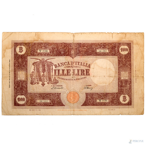 Banconota da 1000 lire "Italia su prora di nave" - serie W3186, mm 205x115, (difetti)