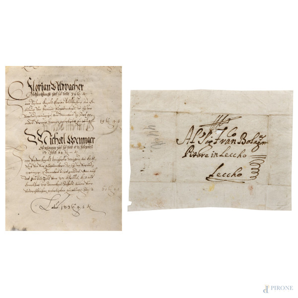 Lotto di due documenti manoscritti del XVII secolo, misure massime cm 23,5x19,  (segni di usura, tracce di umidità, gore, foxing, lacerazioni della carta, tracce di piegatura)