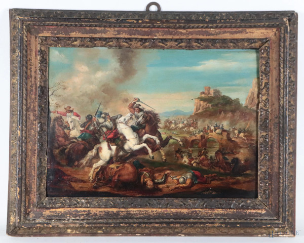 Scena di battaglia, XVIII secolo, olio su tavola, cm 30,5x43, entro cornice, (segni di usura, abrasioni, fori di tarlo, fessurazioni)
