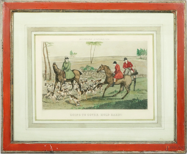 H. Alken (1785-1851), Hunting incidents - Going to cover, stampa a colori, cm 41x52, entro cornice.