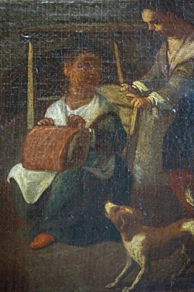 Pittore veneto del XVIII secolo, La cucitrice del tombolo, olio su tavola, cm 32x50, entro cornic...