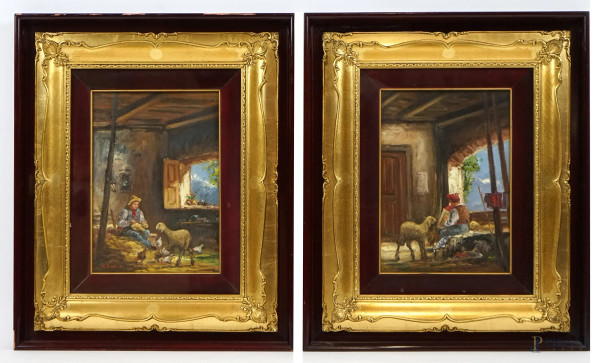 Mario Fattori - Coppia di dipinti raffiguranti interni di stalla, olio su cartone telato, cm 35x25, entro cornici