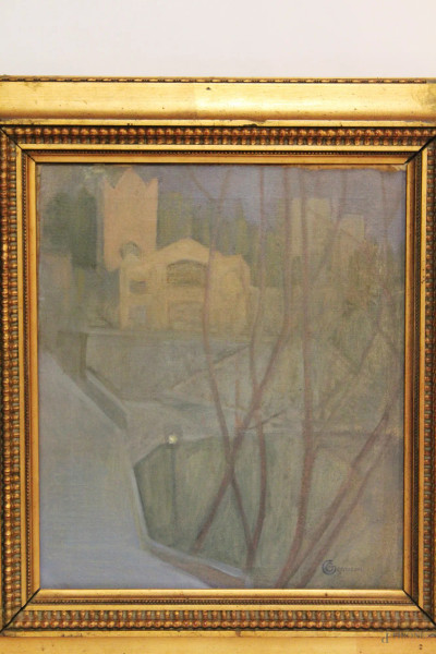 Cornelio Geranzani - Scorcio di paese con case e alberi, dipinto ad olio su tela, cm 35,5 x 30, entro cornice.