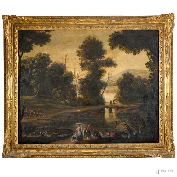 Coppia di dipinti raffiguranti paesaggi con figure, olio su tela, cm 79x99, XVIII secolo, (difett...