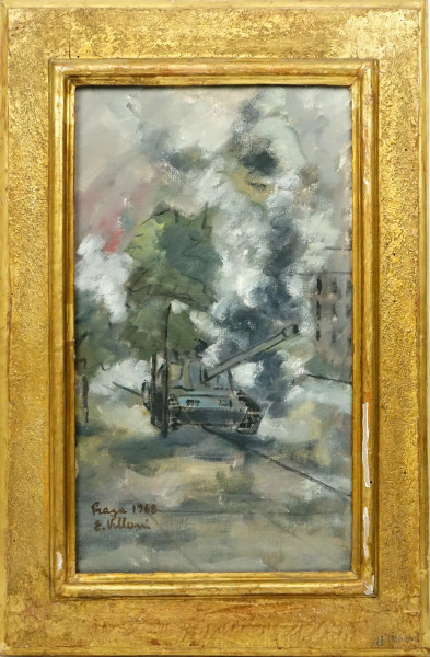 Praga 1968, olio su tela, cm 46x27, firmato E. Villani, entro cornice.