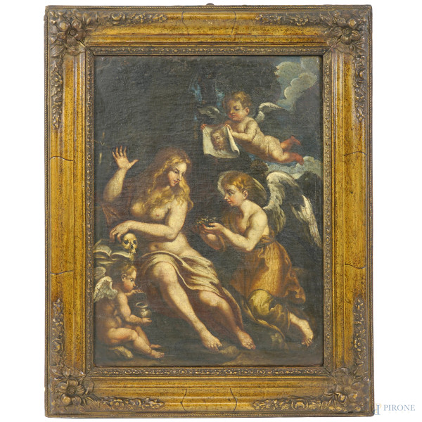 Scuola italiana del XVII secolo, Maria Maddalena riceve i simboli della Passione, olio su tela, cm 44,5x33,5, entro cornice, (difetti)