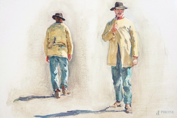 Doppio ritratto, olio su cartone applicato su cartone, firmato L. Crisconio, cm 20x26, entro corn...