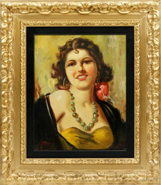 Ritratto di ragazza, olio su cartone, cm 34x44, firmato, entro cornice