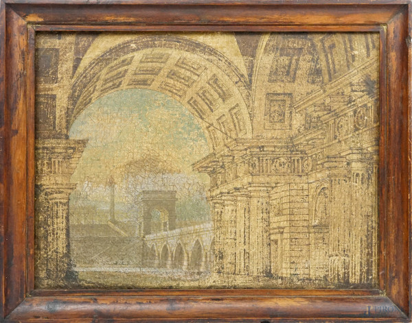 Pittore del XIX secolo, Capriccio di archi ed architetture, olio su tela, cm 35x46, entro cornice, (difetti)