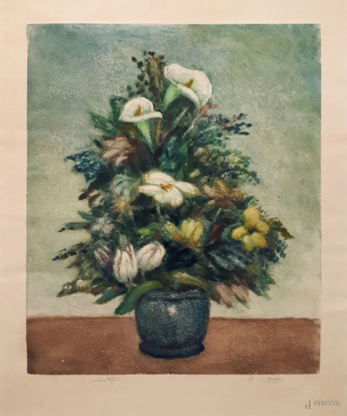 Romeo Costetti (1871 - 1957), Vaso con fiori, monotipo, cm. 50x60, firmato.