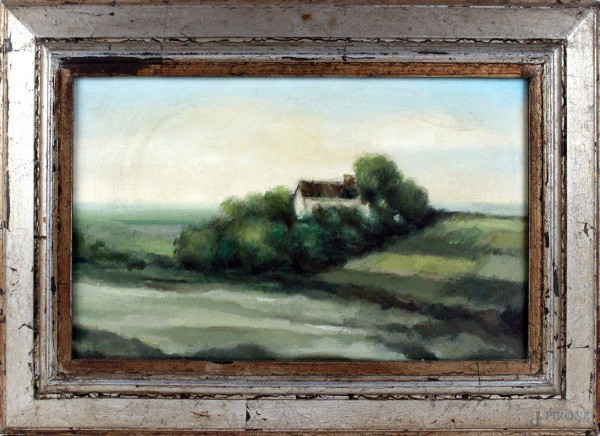 Paesaggio con casolare, olio su tela, cm. 25x40, XX secolo, entro cornice.