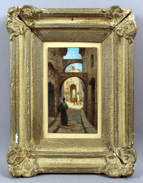 Adolfo Belimbau - Scorcio di paese con figure, olio su tavola, cm. 18x10,5, entro cornice.