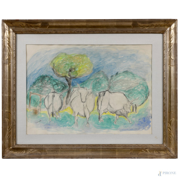 Giuseppe Cesetti (1902-1990), Mucche, tecnica mista su carta, cm 59x79, compreso passepartout, firmato in basso a sinistra, entro cornice(umidità, ondulazioni della carta)