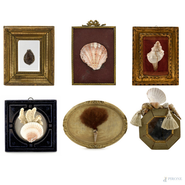 Lotto di sei elementi decorativi da parete in materiali vari con applicazioni di conchiglie, XX secolo, cm 33x44, (segni di usura, difetti, scalfiture, mancanze)