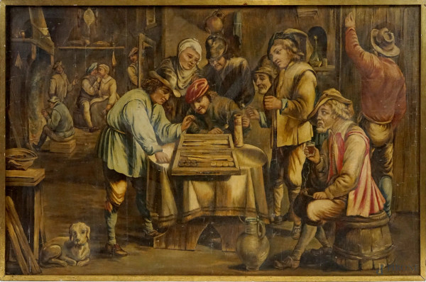 Pittore del XIX secolo, Interno con giocatori di backgammon, olio su tela applicata su pannello, cm 81x124, entro cornice, (lievi difetti).