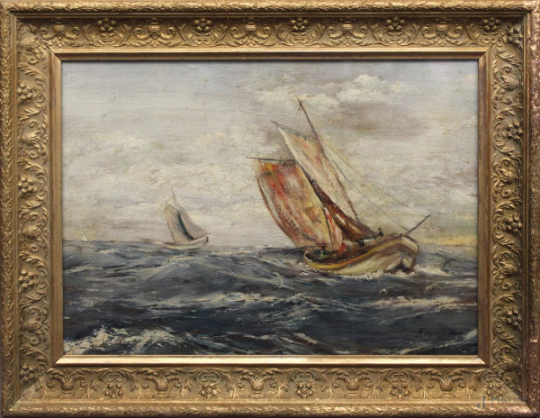 Marina con barche a vela, olio su tela riportato su cartone, 48x67 cm, primi 900