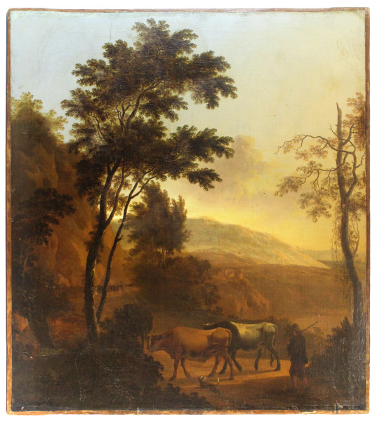 Pittore fiammingo del XVIII secolo, Paesaggio con pastori e armenti, olio su tela, cm 74,5x66,5