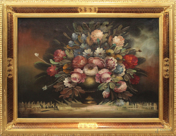 Vaso con fiori, olio su tela, cm 50x70, firmato, entro cornice.