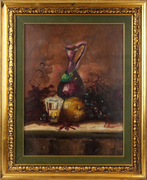 Natura morta-frutta e vasellame, olio su cartone telato, cm 39x29, firmato, entro cornice