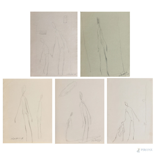 Lotto di cinque disegni a tecnica mista su carta, misure massime cm 33x24, (segni di usura, tracce di umidità, difetti)
