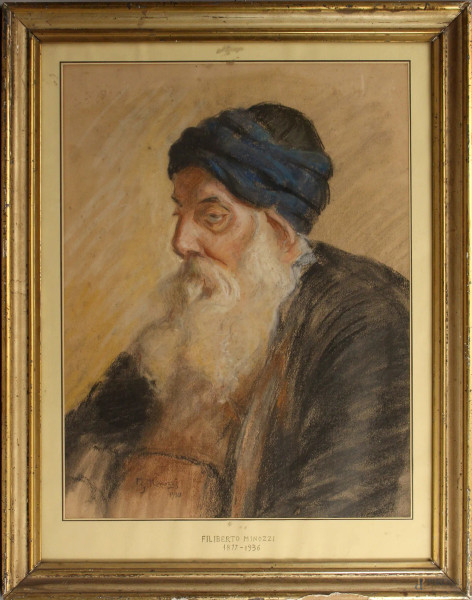 Ritratto di anziano arabo, pastello su carta, cm 53x40, firmato e datato, entro cornice.