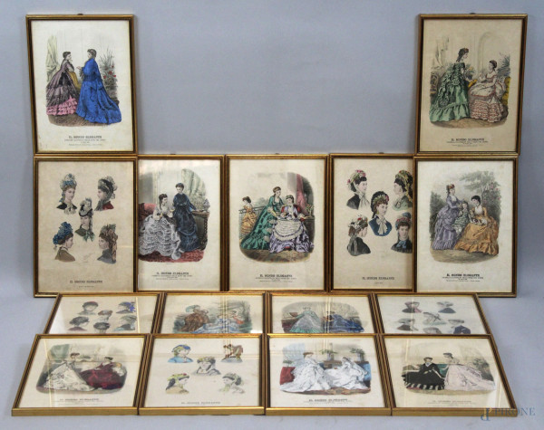 Lotto di quindici stampe a colori da "Il mondo elegante" e "La Mode Illustrée", cm 36x26, XIX secolo, entro cornici.