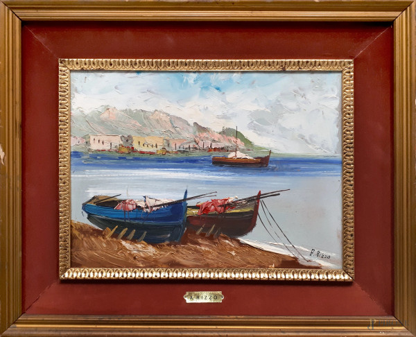 Scuola Napoletana del XX sec., veduta costiera con barche, olio su faesite, cm 30x40, formato, con cornice