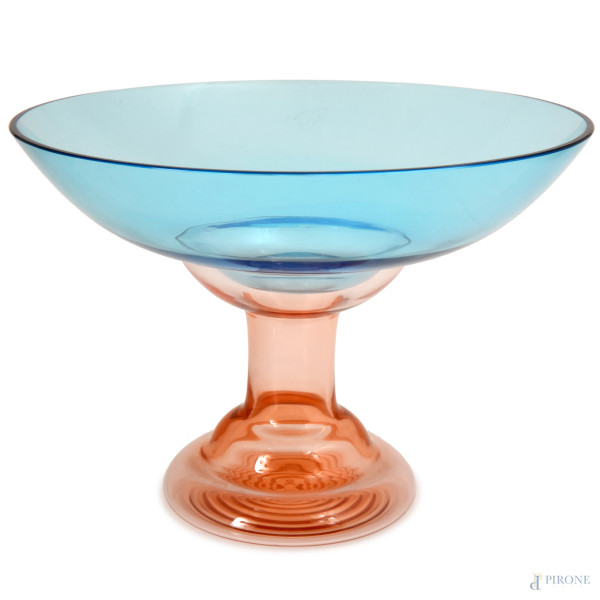 Alzata in vetro di Murano composta da due elementi nei toni del rosa e dell'azzurro, XX secolo, cm 23x31