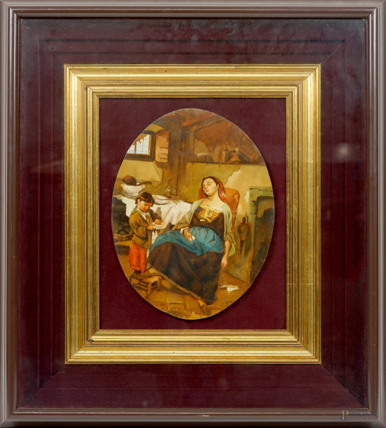 Interno con scena familiare, olio su tavoletta in assetto ovale, firmata [...] Russo, cm 26x19, entro cornice