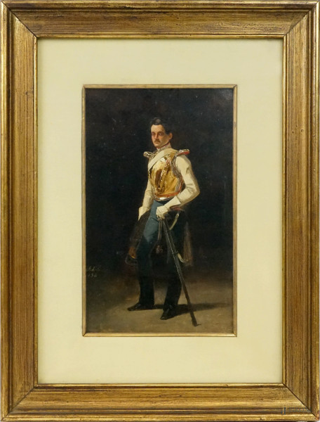 Ritratto di ufficiale, olio su cartoncino, cm 31,5x20, siglato e datato Ad. L. 1834, entro cornice