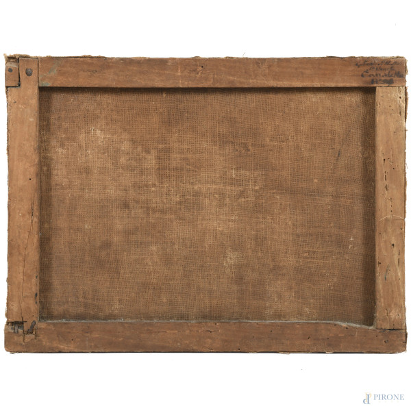 Paesaggio portuale con figure, XVII-XVIII secolo, olio su tela, cm 39x53, (abrasioni, sollevament...