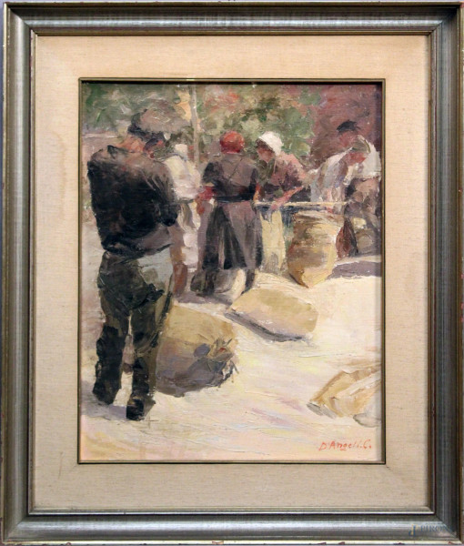 Cosmo d'Angeli, Ravello, Donne al lavoro, olio su tela, 50 x 40, entro cornice.