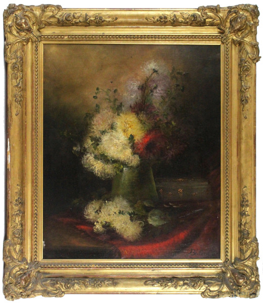 Vaso con fiori, olio su tela, cm. 65x54, firmato, entro cornice, (piccolo difetto sulla tela)