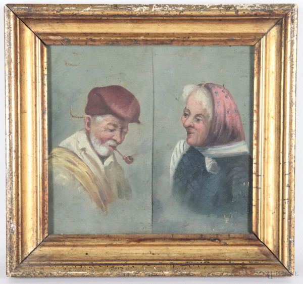 Coppia di dipinti ad olio su tela entro unica cornice raffiguranti anziani, XIX secolo, misure complessive comprensive di cornice cm 30x31, (segni di usura, abrasioni, cadute di colore, lacerazioni della tela, difetti)