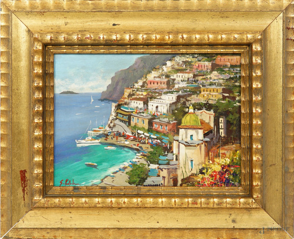 Positano, olio su compensato, XX secolo, cm 31x40, entro cornice