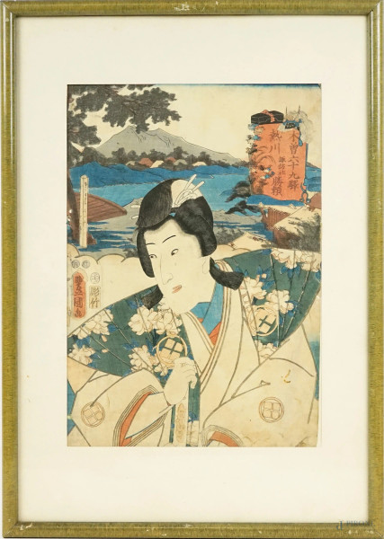 L'attore Ichikawa Danjuro VIII nel ruolo di Hayano Kanpei, stampa a colori, cm 35x24,5, Giappone, XX secolo, entro cornice, (difetti).