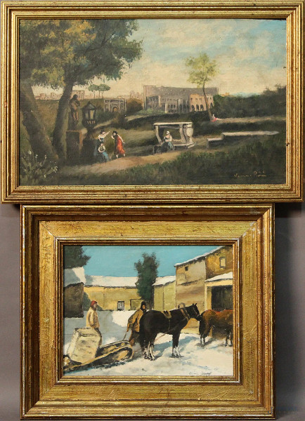 Lotto di due dipinti ad olio su tavola a soggetti e misure diverse in cornici