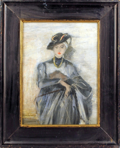 Ritratto di donna, olio su legno, cm. 30x23, firmato entro cornice.