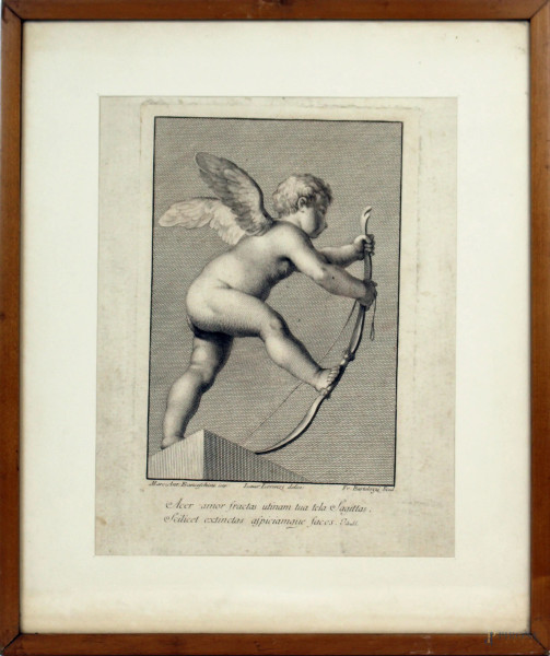 Cupido, incisione su carta, cm 32x25, inventore Marcantonio Franceschini (1648-1729), scultore Francesco Bartolozzi (1727-1815), entro cornice.
