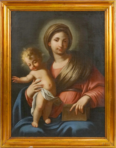 Pittore del XVIII secolo, Madonna con Bambino, olio su tela, cm 100x74, entro cornice.